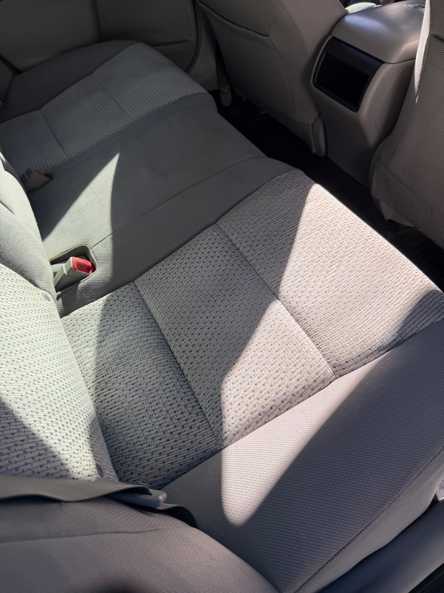 Grey cloth rear seats shampooed and cleaned in a sedan